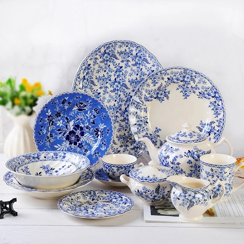 

New product British style underglaze home decors ceramic dinner plate and coffee tea set, Blue and white porcelain
