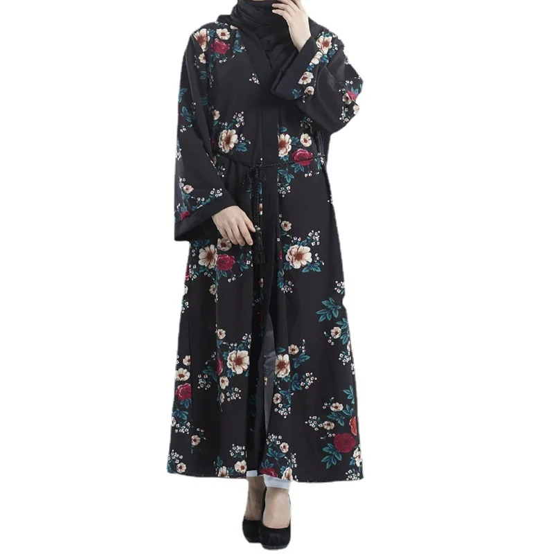 

2022 Spring and summer good sell rose black print loose vintage islamic dress arab abaya kaftan dubai clothes women, Picture color