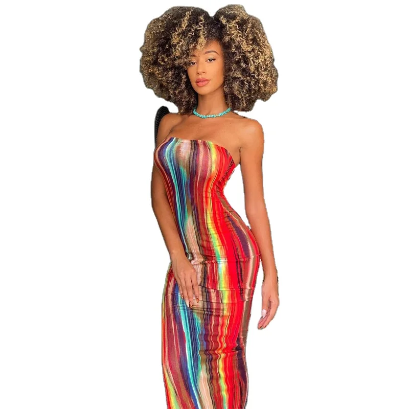 

Hot Sale Summer Woman Clothing Casual Maxi Dresses Elegant Off Shoulder Colorful Printed Stripe Bodycon Dresses, Picture color