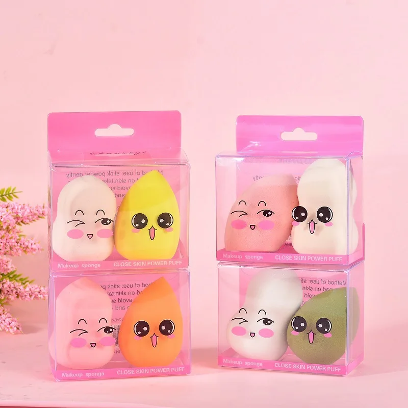 

HZM 2021 2Pcs cute box PVC pack Hot selling latex free Blending Beauty Custom Logo Wholesale Cosmetic Powder Puff Makeup Sponge, Customized