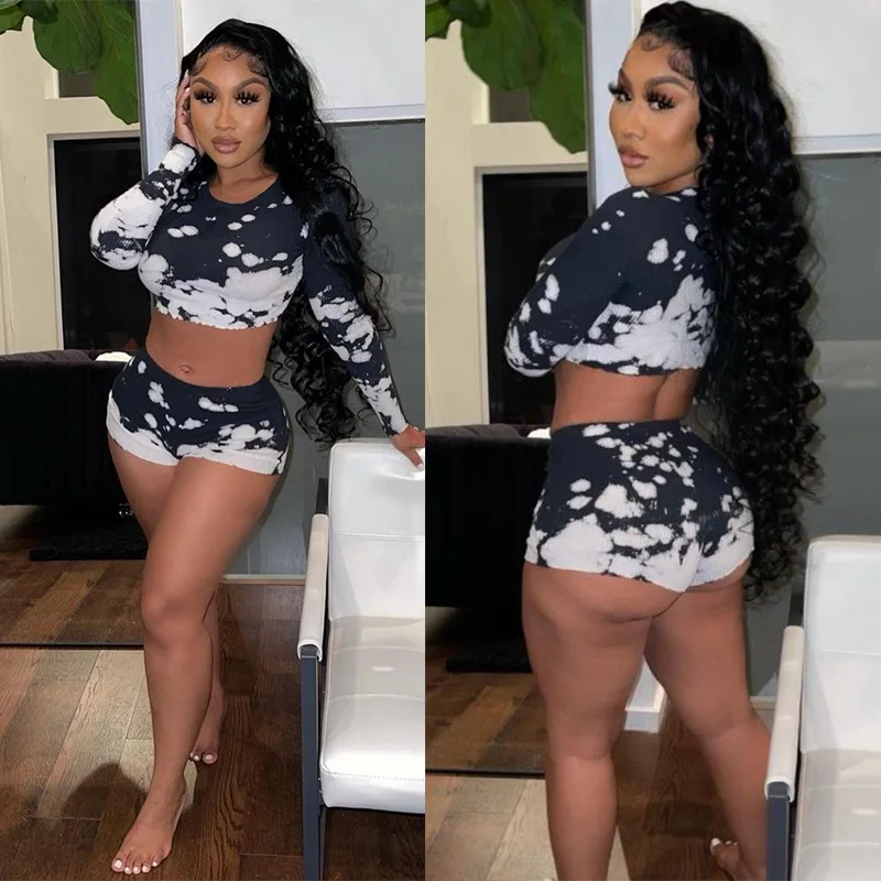 

Trendy Summer Knitted Casual Ribbed Crop Top Printed Summer Two Piece Printed Long Sleeve 2 Piece Short Xs Women Clothing Sets
