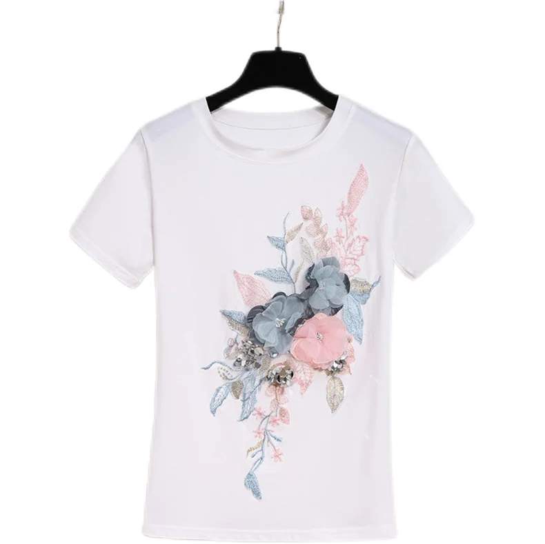 

Heavy industry pin bead embroidery three dimensional flower cotton women's T-shirt summer new slim short sleeve round neck top