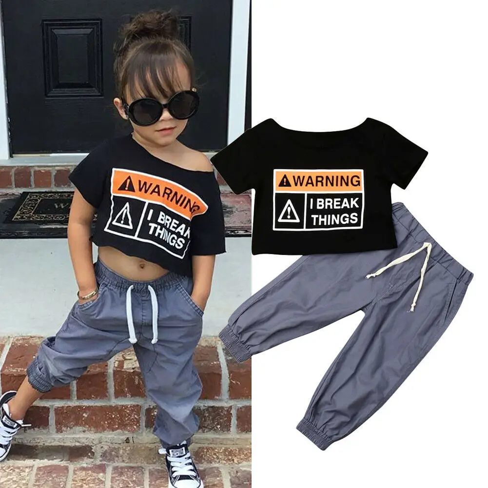 

2PCS Toddler Kids Baby Girl Oversized Clothes Sets 2-7Y Crop Tops Long Pants Outfits Tracksuit, Black