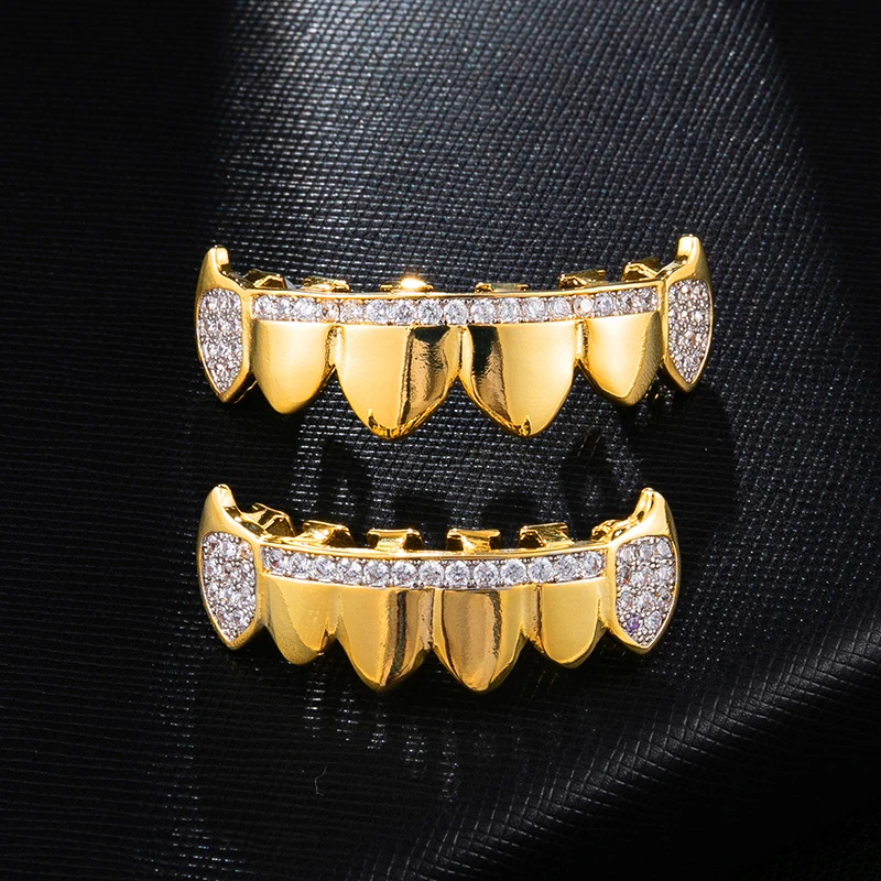 

Hip Hop Grills Gold Silver Color Iced Out Micro Pave Full CZ Teeth Grillz Bottom Grills Charm For Men Women Jewelry, Silver/gold