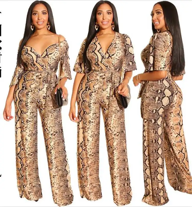 

Sexy deep v tight snake print bodycon women jumpsuit