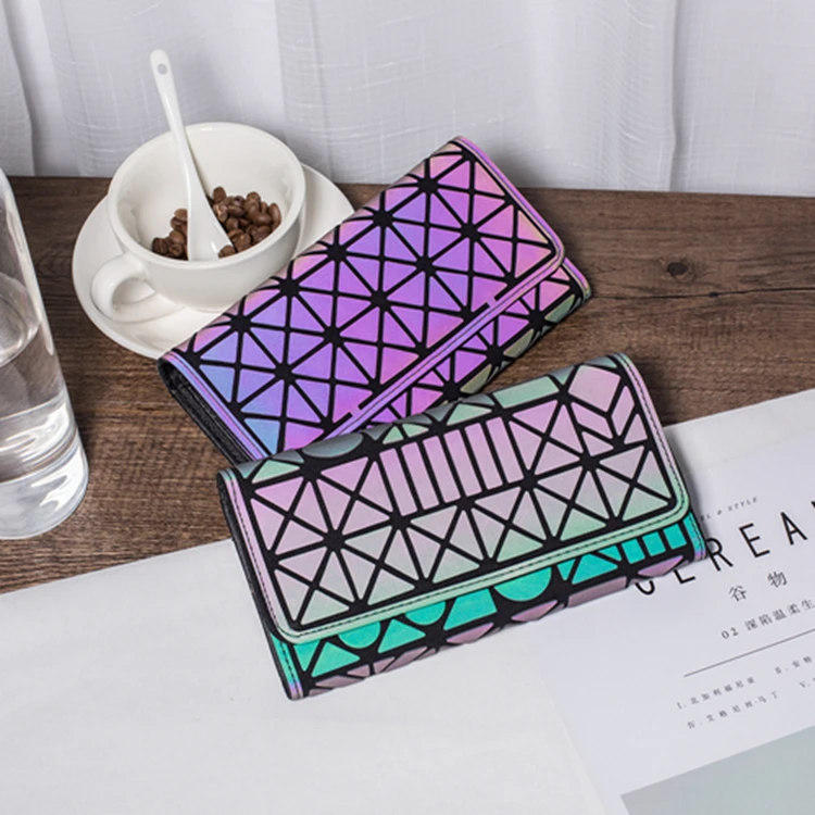 

Fashion Geometric Lattice Long Slim Wallet Purse Luminous Holographic Card holder Ladies Purse Clutch for Women