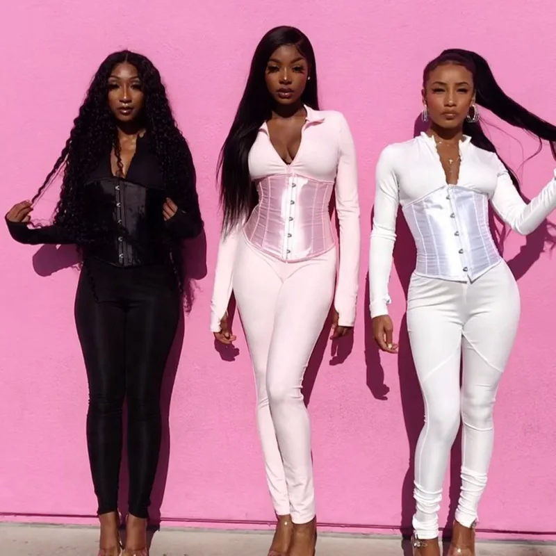 

2020 Hot Sale Fall Bodycon Long Sleeve Two Piece Jumpsuits Women With Bandage Corset Sexy White 1 Pcs Jumpsuit Ladies