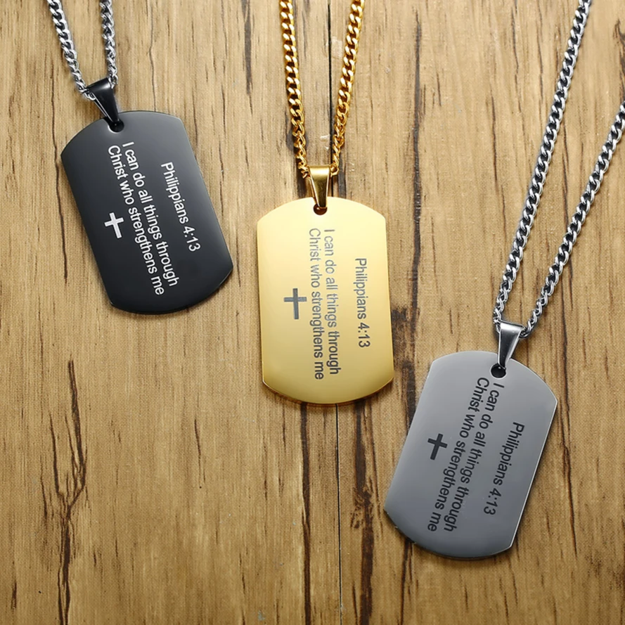 

Amazon Christian Stainless Steel Bible Verse Pendant Necklace Religious Philippians Verse Rectangle Tags Charm Necklace, Picture shows