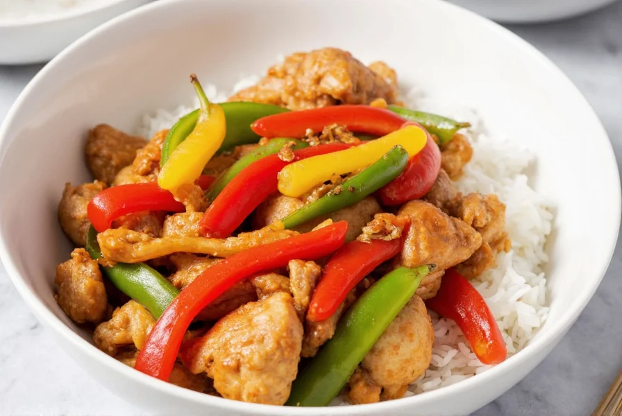 Finished chicken pepper dish served in a white bowl with steamed rice, showing vibrant colors of bell peppers and tender chicken pieces