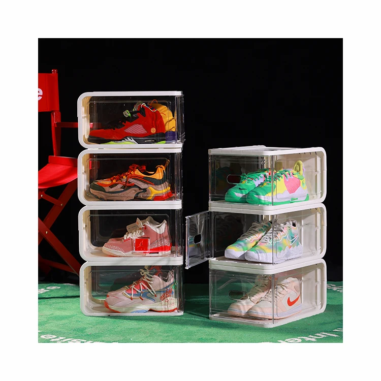 

Wholesales Shoe Organizer Container Box Premium White Clear Plastic Stackable Air Jordan Sneaker Shoe Display Storage Boxes, White transparent