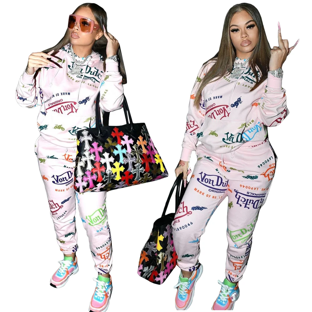 

Von Dutch Winter Clothing 2 Piece Outfits Women Fashionable Graffiti Thick Cotton Tracksuit Long Sleeve Hood Sweatsuit