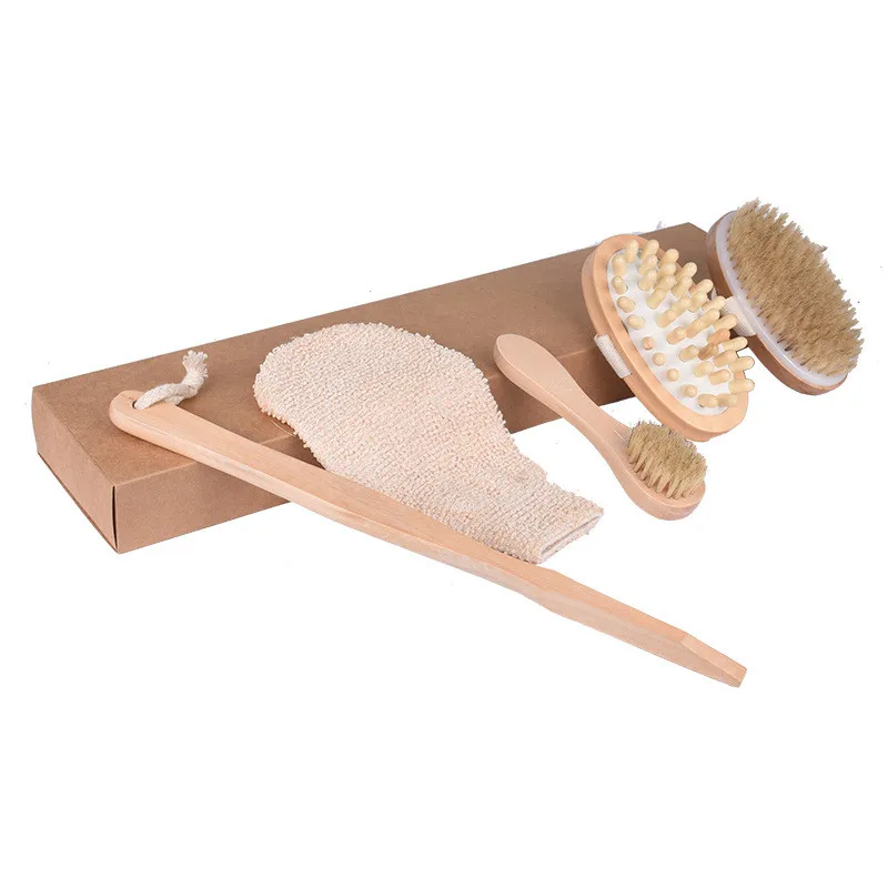 

RTS Natural Wooden Body Exfoliating Bristle Dry Skin Bath Brush Set Long Handle Detachable Massage Bath Brush Set