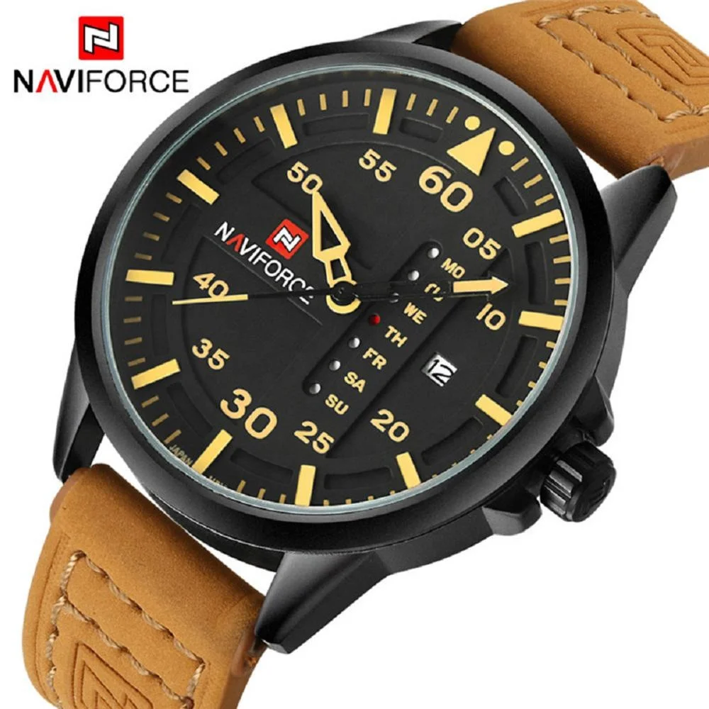

NAVIFORCE 9074 Men's Watch Quartz Date Clock Man Wristwatches Luxury Brand Military Genuine Leather Sports Watches Men Wrist, 4-colors