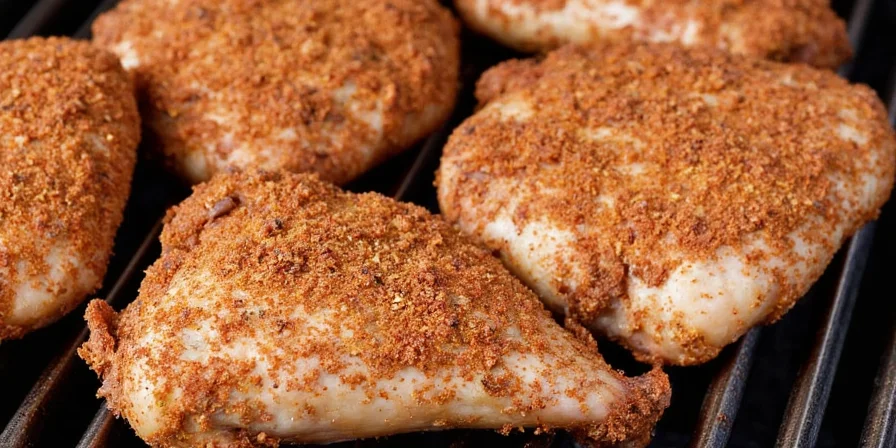 Applying a dry rub to chicken thighs