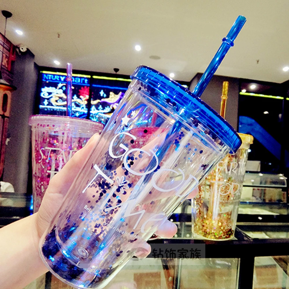 

Wholesale double wall creative custom logo with lid straw tumbler cups glitter, Pink/purple/blue