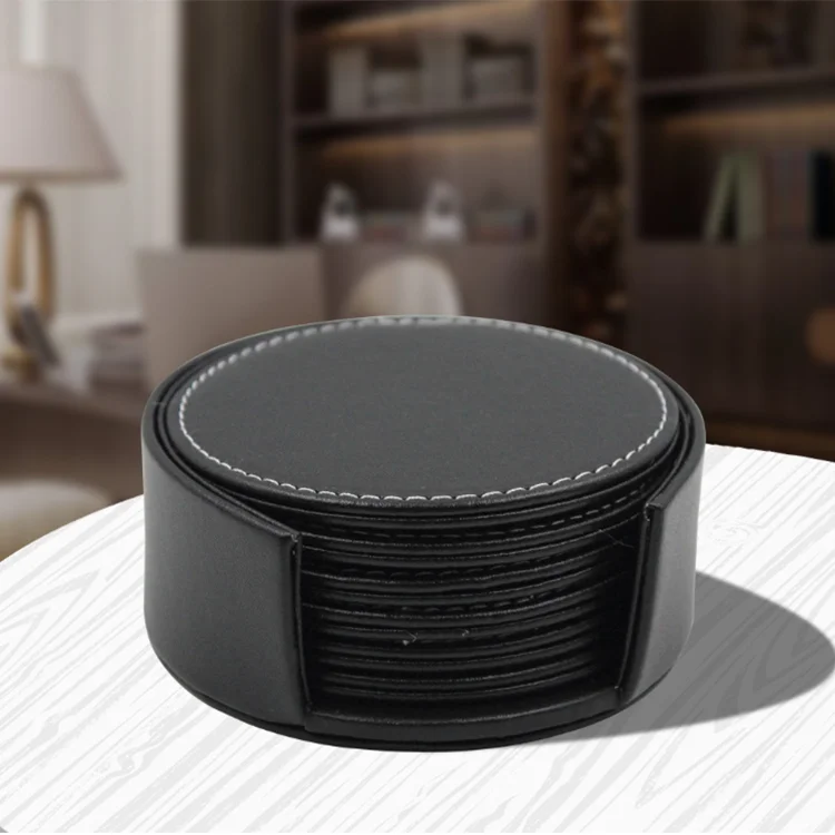 

Leather PU Coaster Insulation Pad Kitchenware Fashion Coffee Cup Placemat Table Decoration With Holder Protect Furniture, Black