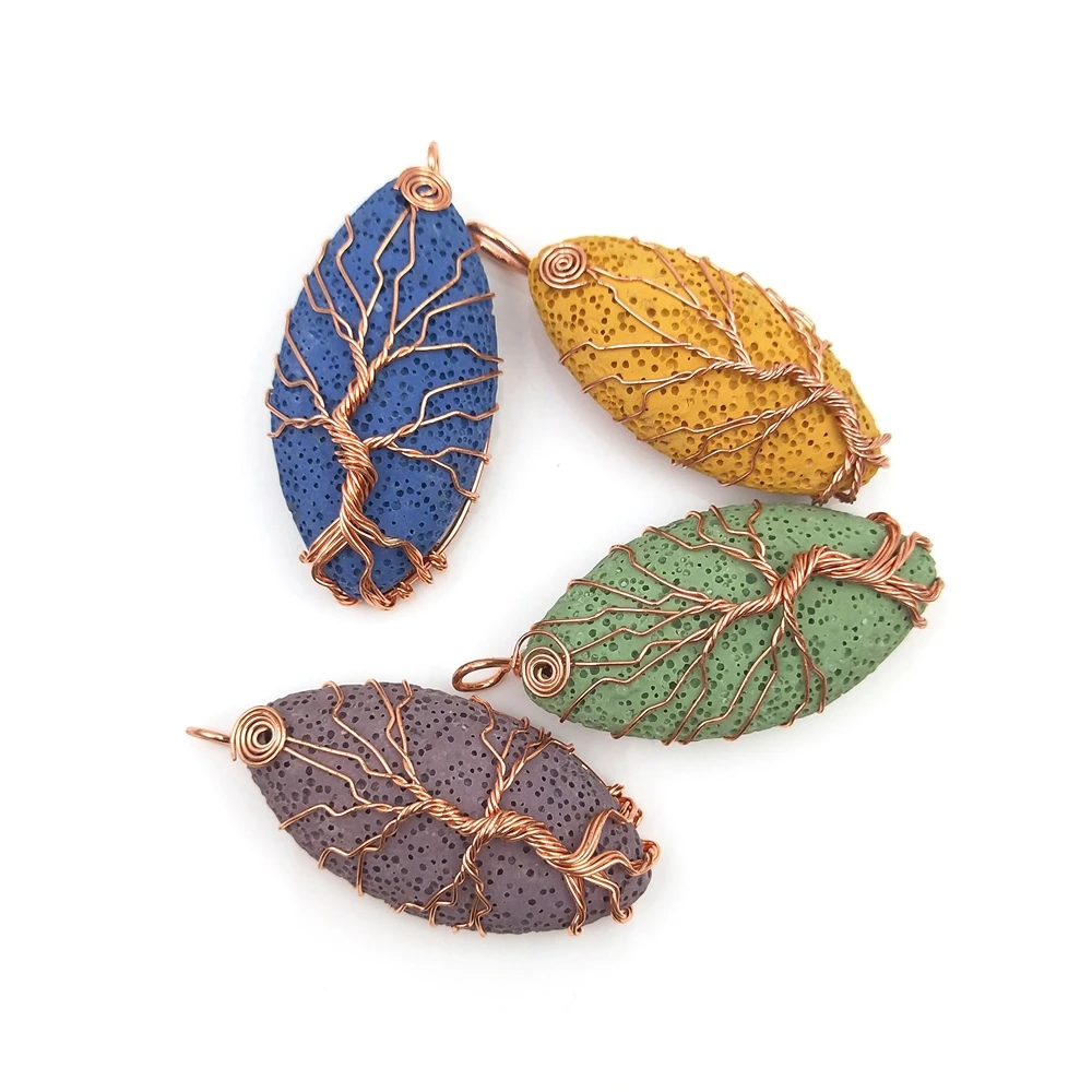 

Charms Natural Mix color Lava Stone Rose Gold plated Wire Wrap Crystal Tree of Life Marquise shape Pendants for Jewelry Making, Multi color