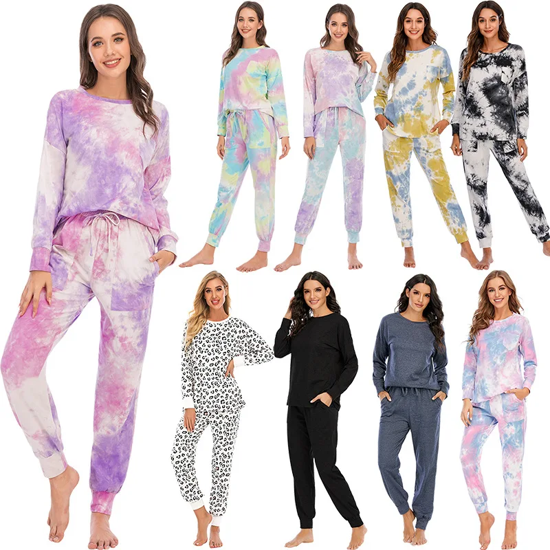 

2022 Manufacturers Wholesale Spring Tie Dye Summer Cotton Casual Long Sleeve pajama Sleepwear Loungewear Women Two Piece Sets, Picture