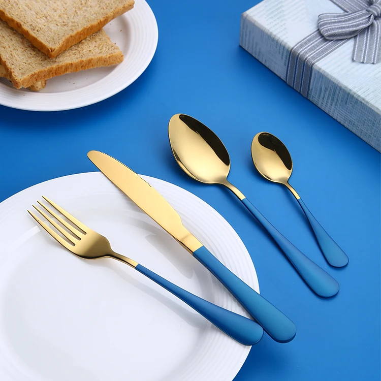 

Custom Wholesale Stainless Steel Cutlery Set Blue Gold Flatware, Gold and blue