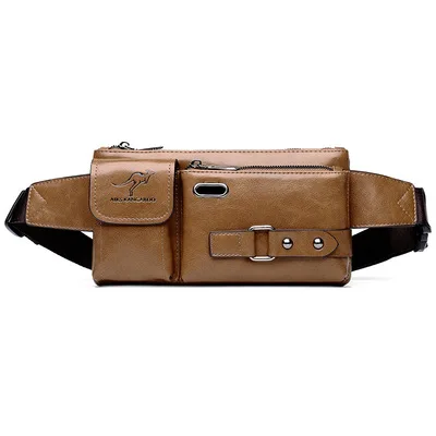 

Wholesale Fanny Pack PU Leather Waist Bags for Men Multi-function Chest Bag with Hole for Earphone, Light brown/coffee/black