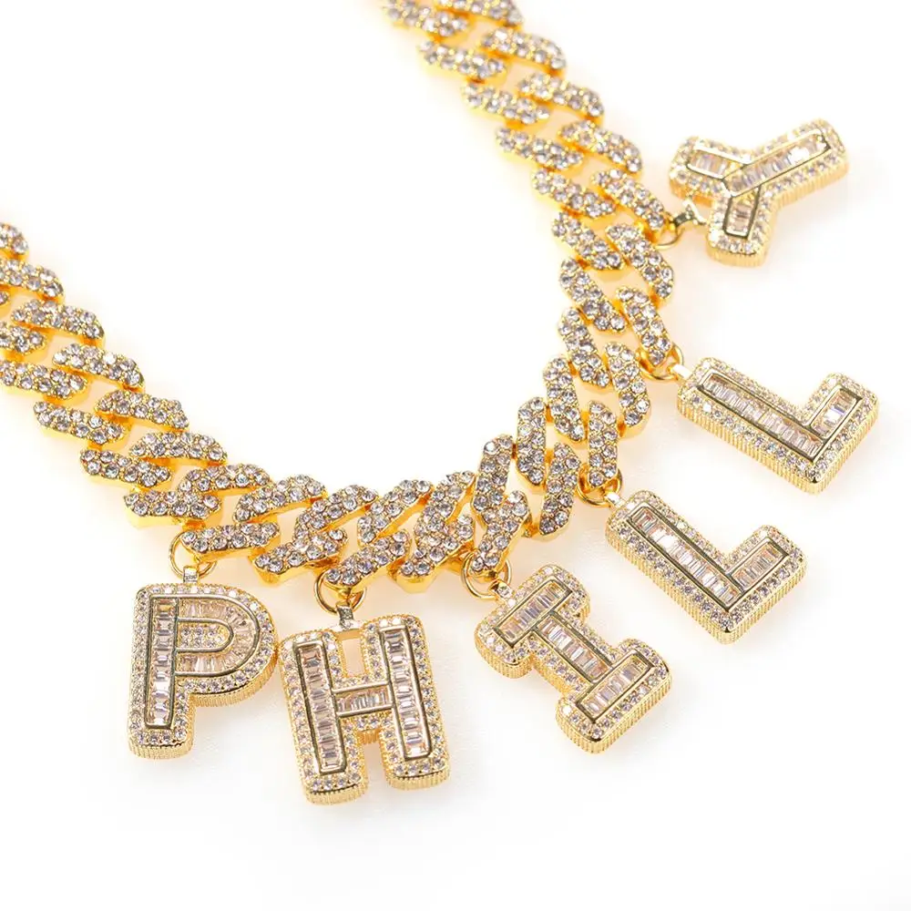 

Name Necklace Gold For Woman Customize Baguette Letters Pendant with Cuban Chain Silver gold Color Gift Jewelry