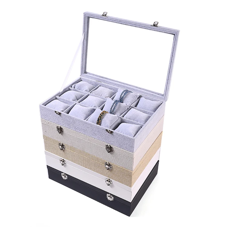 

12-compartment Large-capacity Jewelry Storage Box With Lid Exquisite Jewelry Display Bracelet Watch Box With Small Pillow, Grey creamy-white linen white black