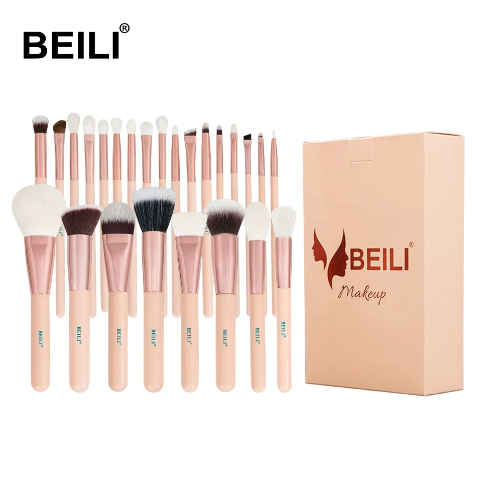 

BEILI 25pcs pink wooden handle highlight eye concealer makeup brushes cosmetics beauty professional face makeup brush set, Pink/rose gold