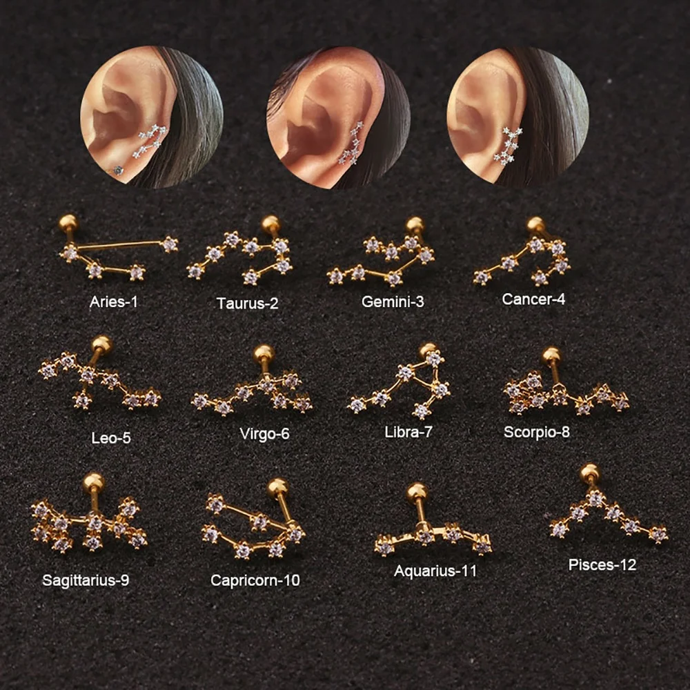 

Fashion real gold plated 12 constellations inlay zircon zodiac sign stainless steel screw pierced earrings stud earrings jewelry, As the pic shown