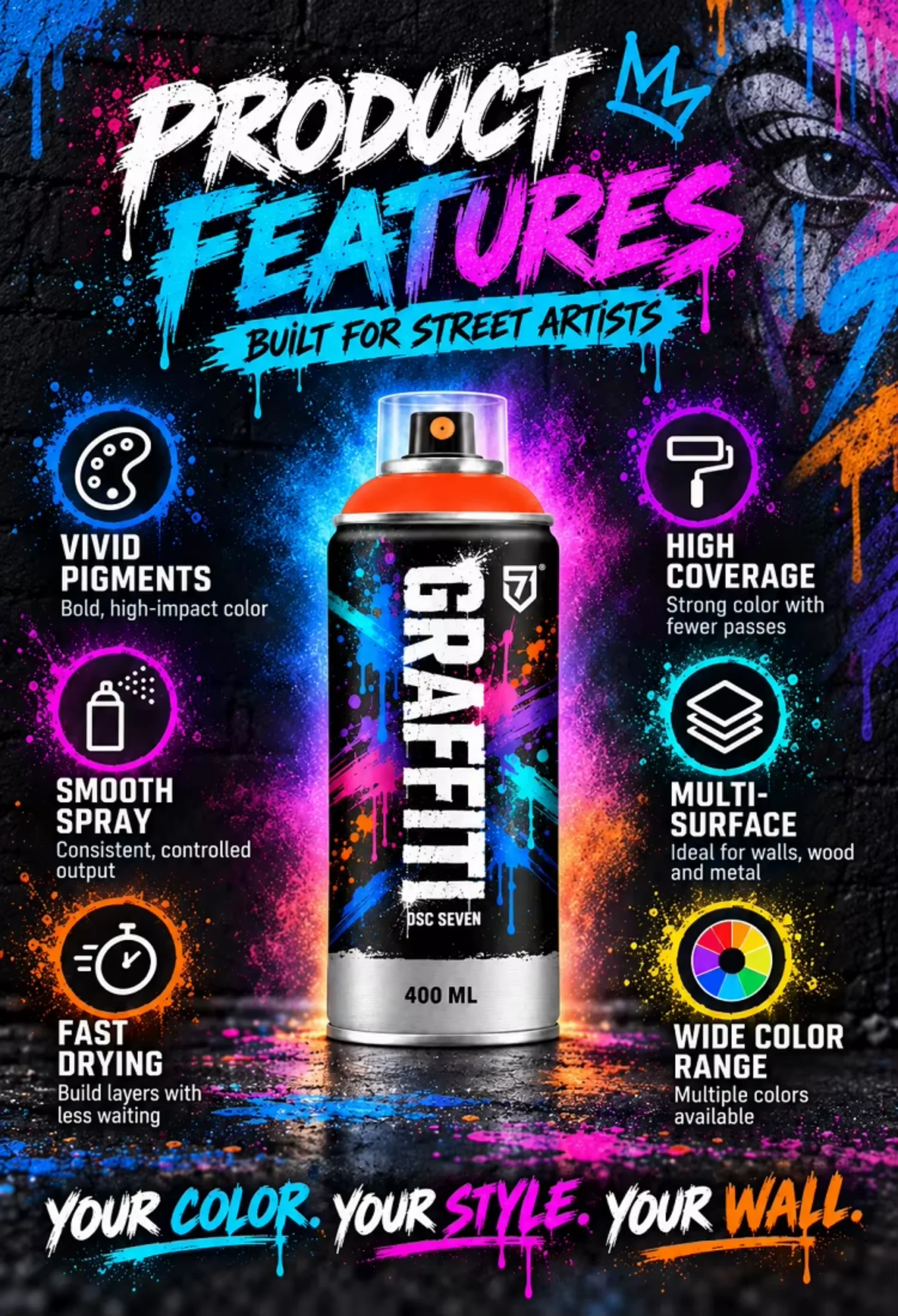 High Coverage 400ml Acrylic Graffiti Spray Paint Multiple Spray Cap Options Vivid Color Professional Aerosol