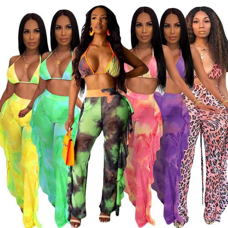 

FFX47 Summer Night Club Bikini Halter Ladies Swimwear 2020 For Women 2Pcs Sheer Women Long Pant Bathing Suits Vestidos De Bano, Accept customization