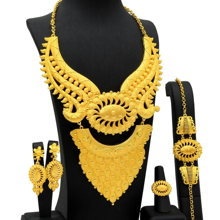 

Hot Selling S-377 4 In 1 24K Gold Plated Alloy Bride Necklace Ear Ring Bracelet Suit Ladies Jewelry Set