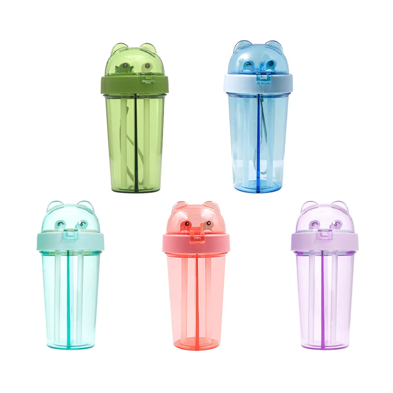 

420ML plastic milk tea juice fruit drinking bottle divider dual double straw double separate drink water bottle, Blue/green/light green/pink/purple