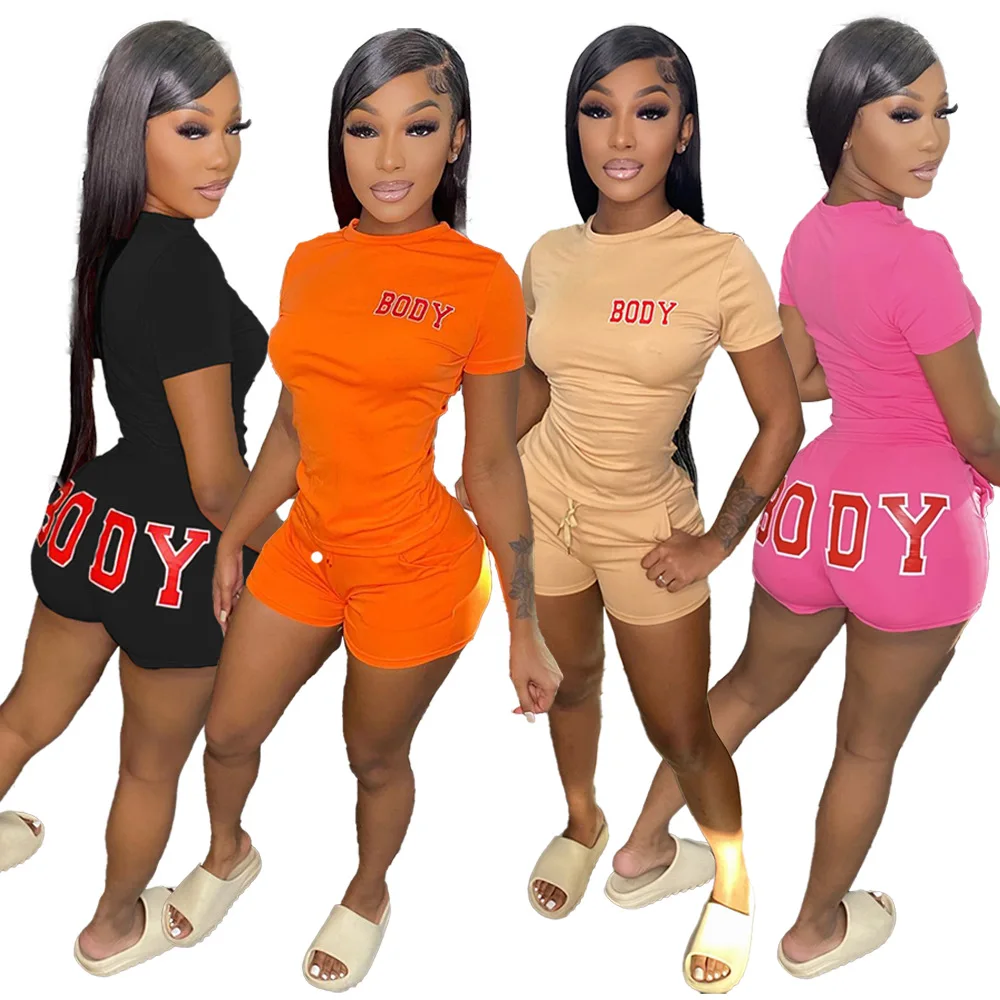 

New Arrivals Letter Offset Printed Short Sleeve T-shirt And Solid Drawstring Shorts Casual Women Custom Two Piece Sets
