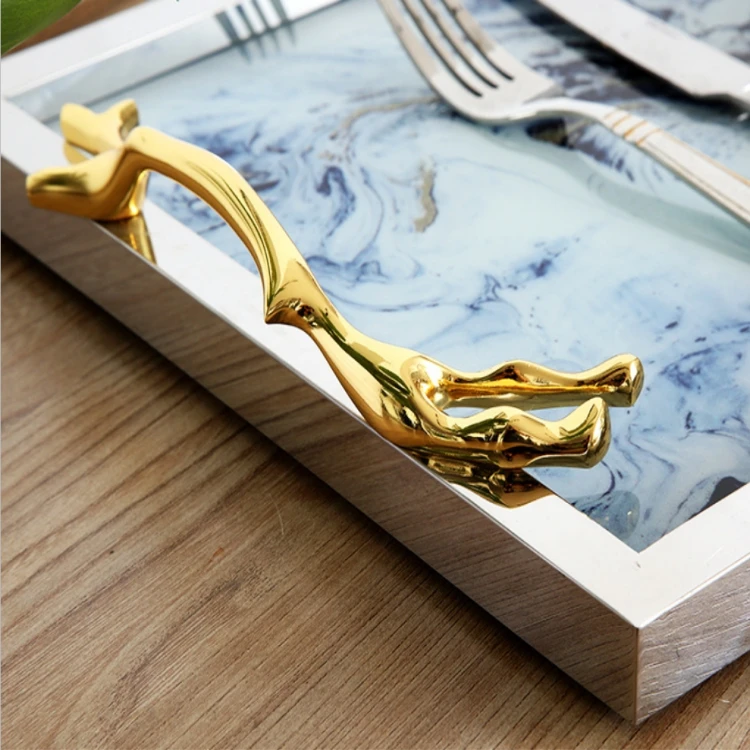 Modern table decoration handle tray gold iron blue agate glass servuing tray