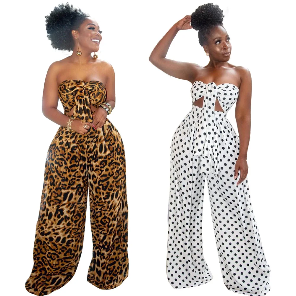 

2021 New Arrivals Dot Print Sexy Crop Top and Wide Leg Pants Women clothing Plus Size Two Piece Set ropa casual de mujer, As picture