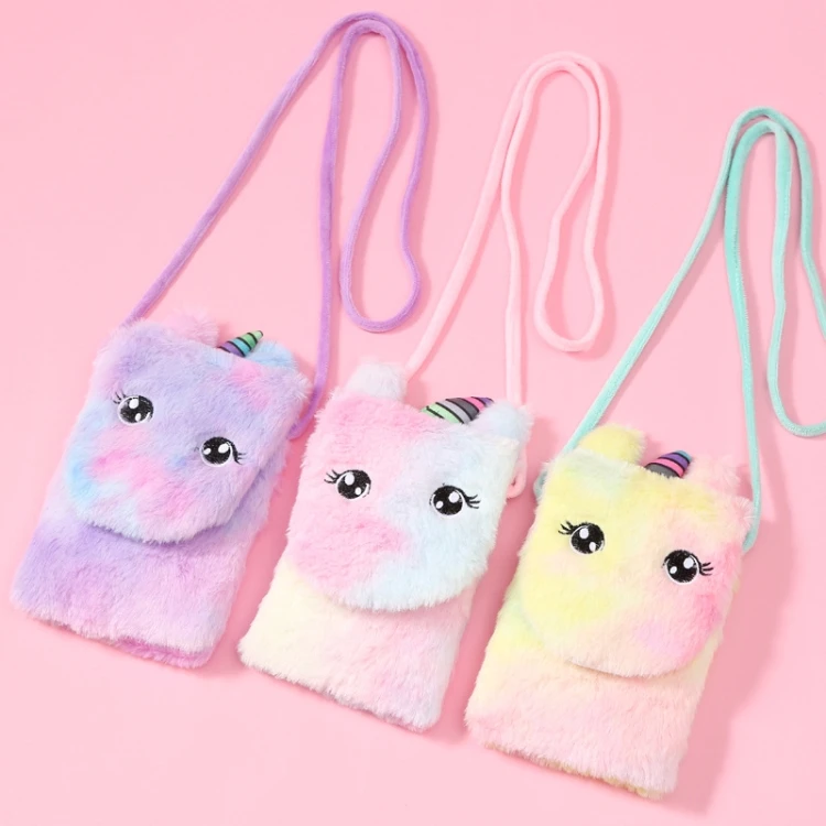 

Kids Cartoon Unicorn Shaped Coin Purse Plush Hang Holder Bags Earphone Coin Purse Wallet, Pink purple green