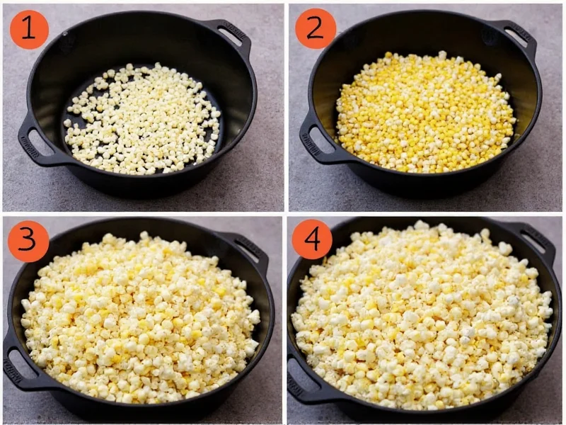 Step by step kettle corn cooking process in cast iron pot