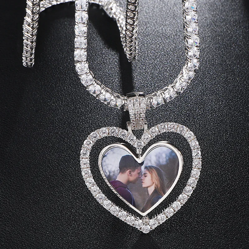 

Iced Out Medallions Solid necklace Custom Made Heart shape Photo Memory Necklace For Men Women Fashion Hip Hop Jewelry