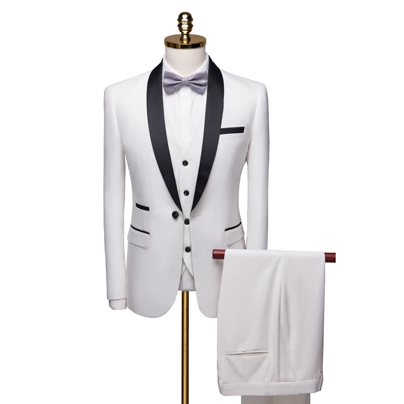 2019 Fashion White Groom Tuxedos Wearing Slim Fit Tailored Suit Black Shawl Lapel Wedding Suits For Men (Jacket+Vest+Pants)