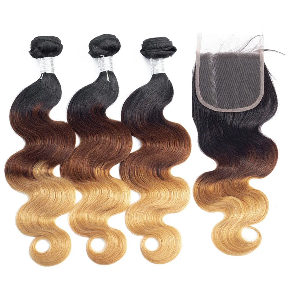 

1b 4 27 3 Tone ombre color hair bundles with closure Brazilian hair extension