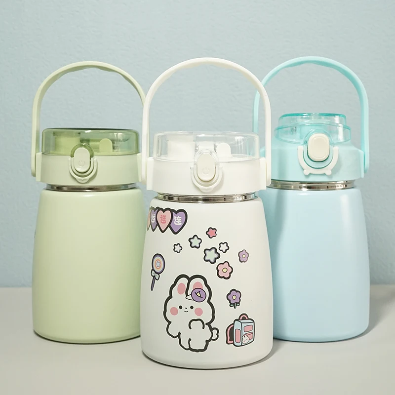 

800ml pot-bellied cup stainless steel thermos kids cartoon stainless steel bottle with straw or with straw lid, Customized colors acceptable