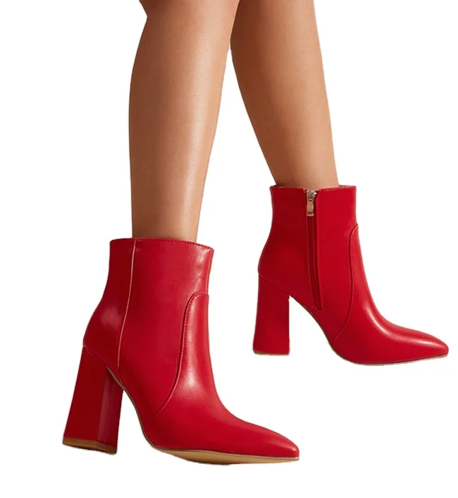 

2021 Winter new fashion style red plain pointed thick high heels shoes ankle boots for women