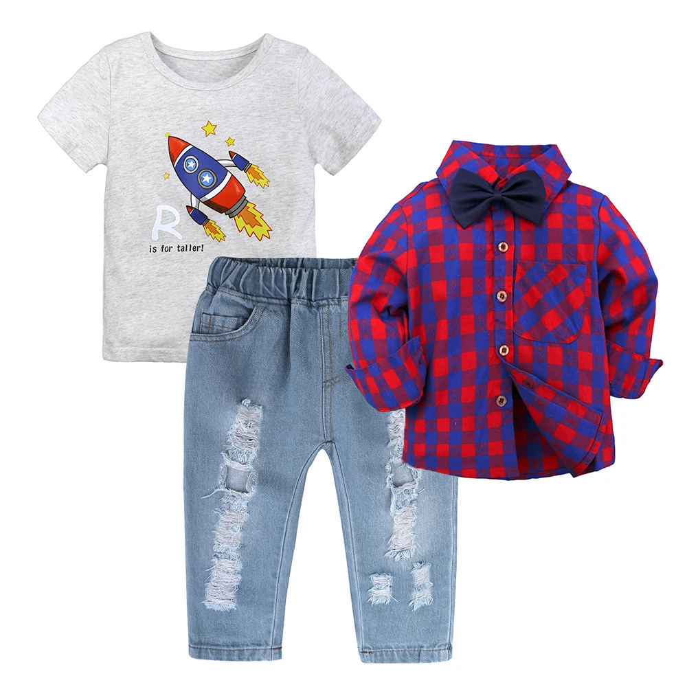 

Wholesale baju anak 3 pcs boutique check shirt boy kids clothing set, Customized