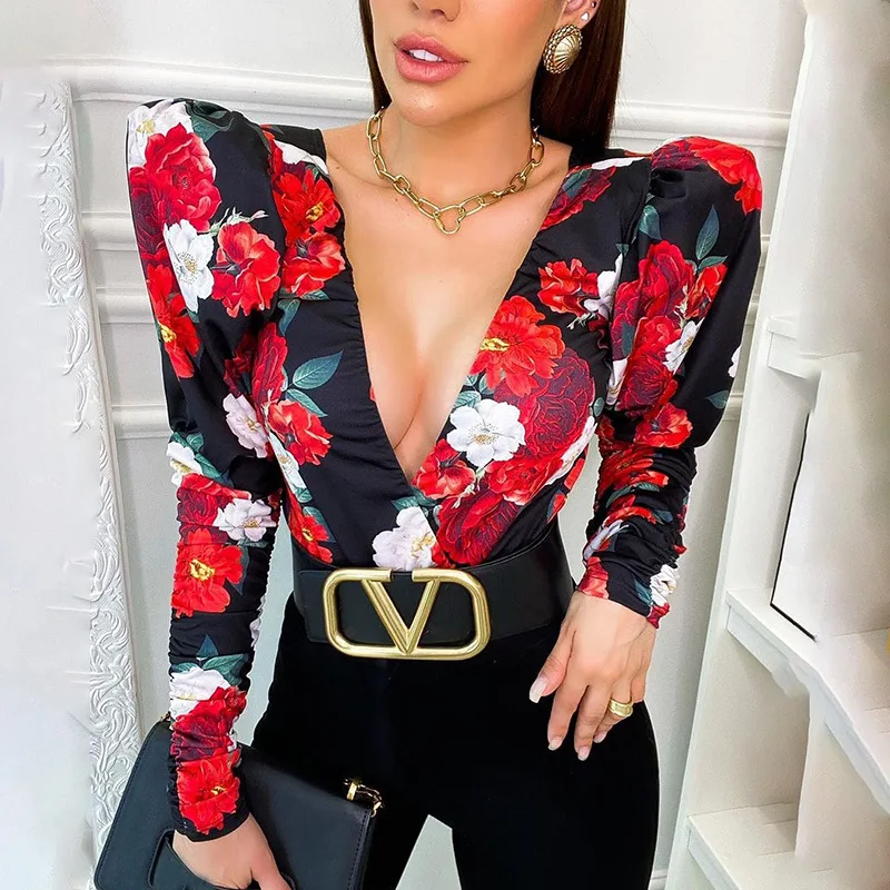 

W0029T Floral Print Long Sleeve Tops Ladies Deep V neck Bodysuit Casual Street Wear Floral Blouse Women Body Suit Club Party