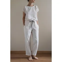 Women Short Pajama Sets Woven Pullover Linen Pyjam