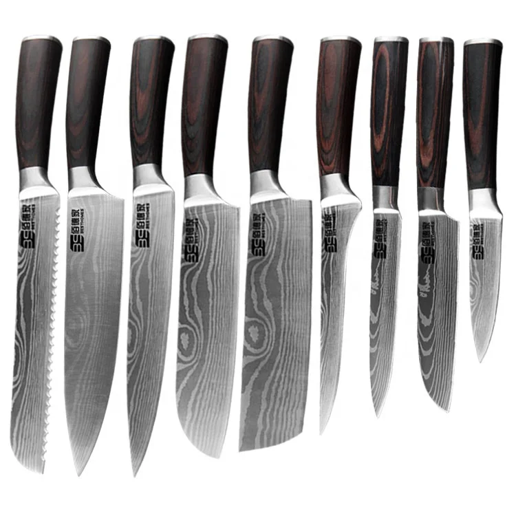 

Kitchen Knife Set 8&9 pcs of Stainless Steel Knives with wood Handle, blade surface Laser Damascus Pattern, easy to clean