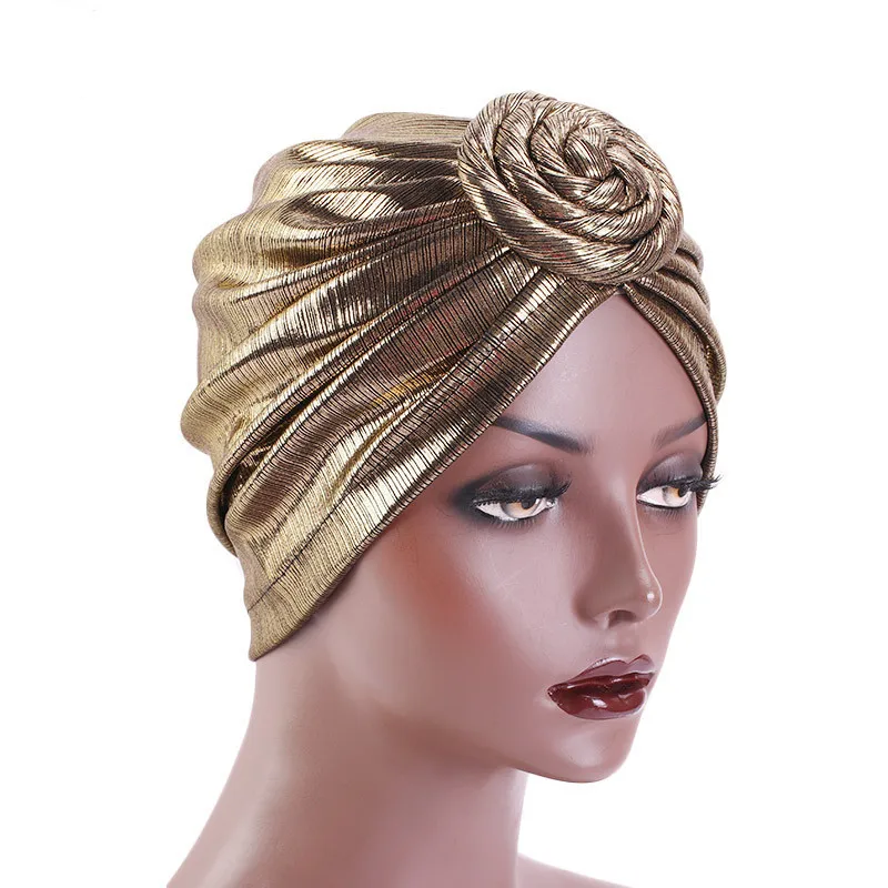 

New Shinny Women Metallic Top Knot Turban Muslim Solid Color Ladies Headwear Inner Islamic Head Cover Hair Accessories TJM-282B