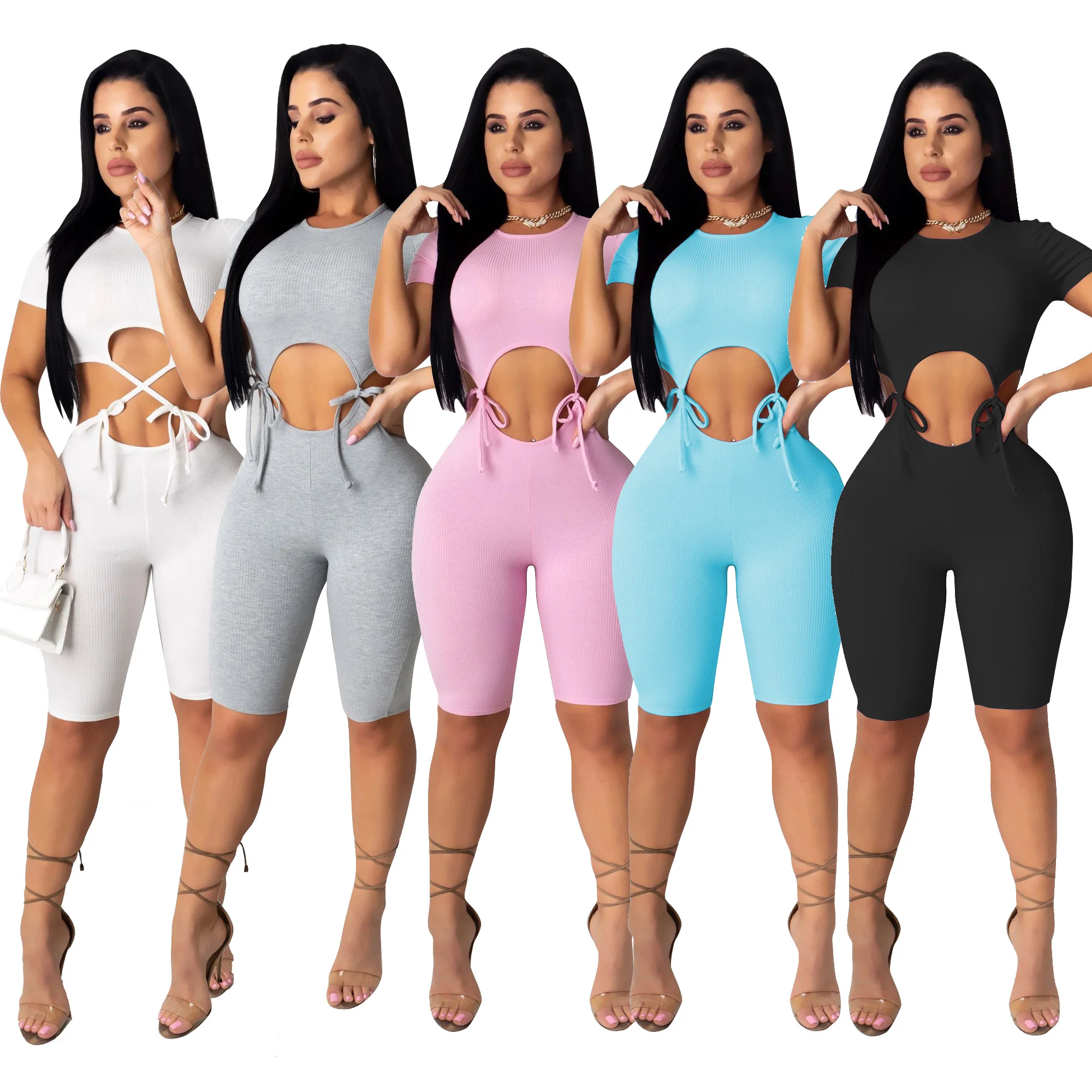 

Summer Women Bodycon Dress Sportwear Suit Lace Up Hollow Out Crop Top Short Sleeve Two Piece Set