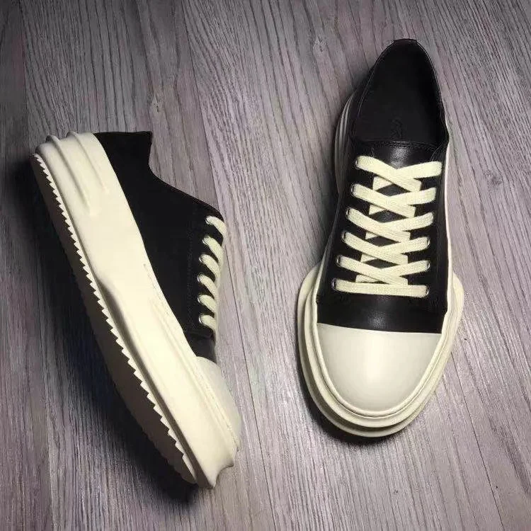 

2021 hot style men black low-top grained leather sneakers white round leather beige lace-up Platform shoes, White black