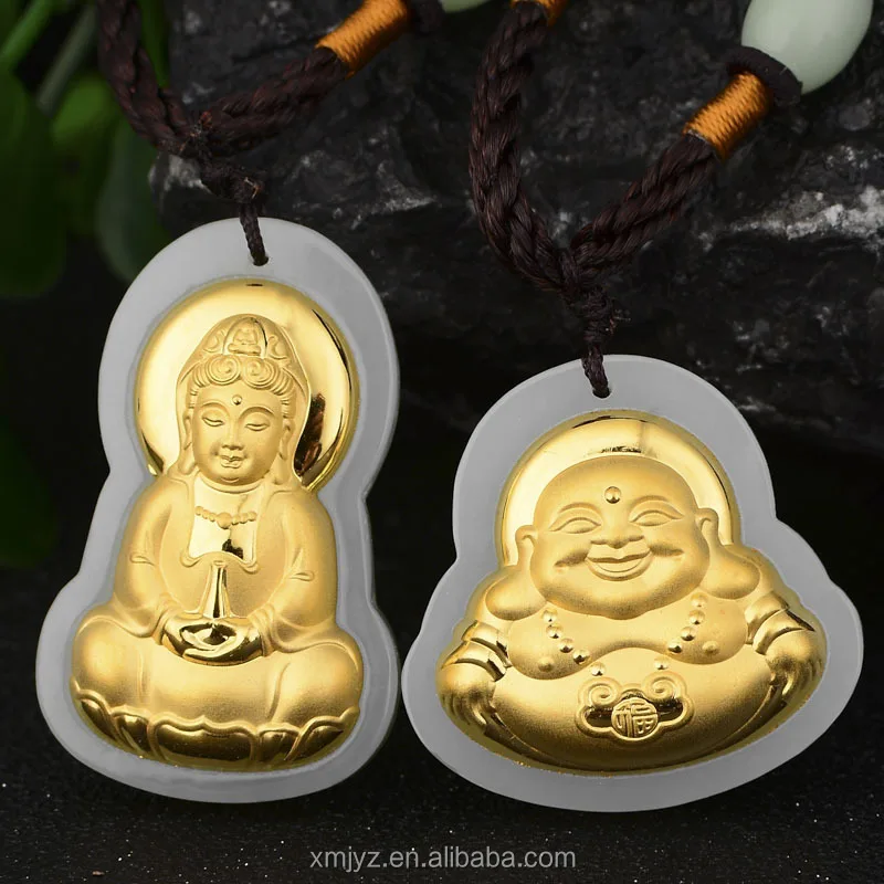 

3D Gold Inlaid Jade Hetian Jade Inlaid Gold Pure Laughing Guanyin Laughing Buddha Pendant Jade Factory Wholesale